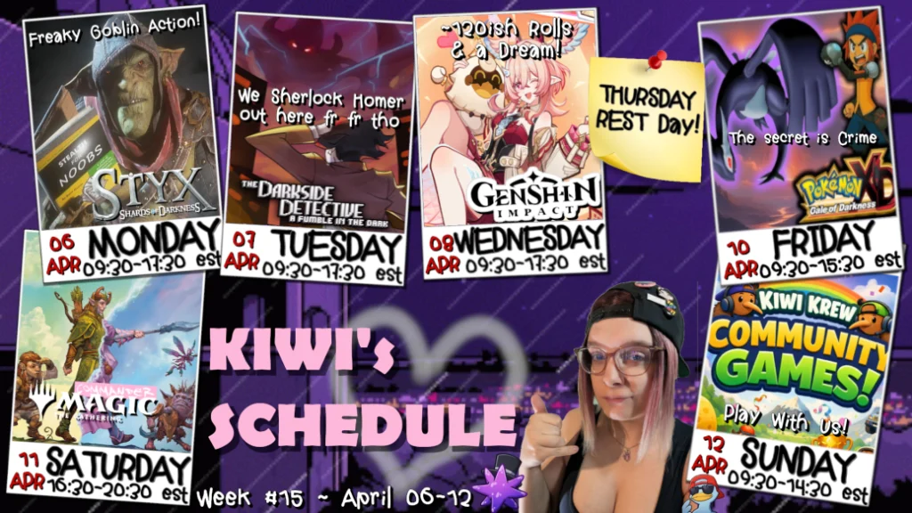Image showing the stream schedule for KomfyKiwi for the week of April 6th to April 12